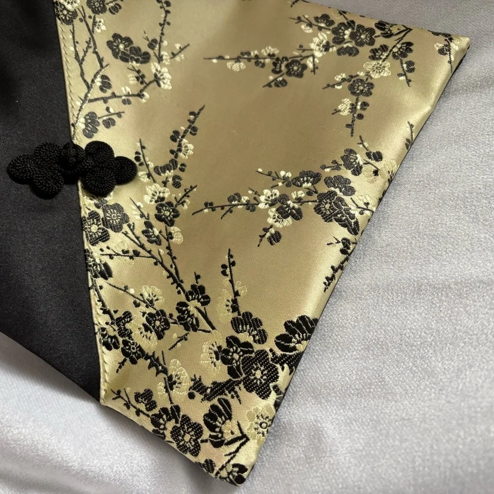Black Gold Floral Satin Evening Bag Cherry Blossom Top Handle Chinoiserie Purse - Picture 2 of 7